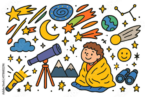 Stargazing Doodle Adventure. Colorful Hand-drawn doodle Children illustration Meteor shower telescope, shooting star, crescent moon, sparkle, night cloud,