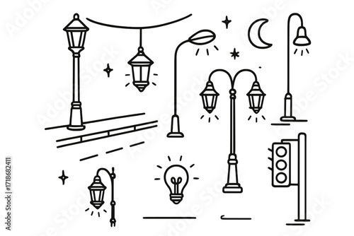 Doodle Street Lamps. Hand-drawn doodle illustration Street Lamps classic lamp post, modern street light, hanging lantern, double-head lamp, curved pole, light