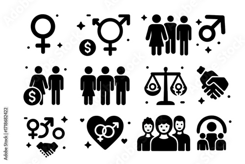 Gender Equality Icons. Gender Equality. Solid icons set of female symbol, male symbol, gender-neutral symbol, equal pay, diverse workplace, balance scale,
