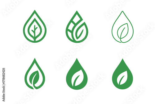 Organic Logo Variations. Organic Food. Set Logo of Organic Food: Water droplet with leaf. harmonious logo variations of the same emblematic concept, each with