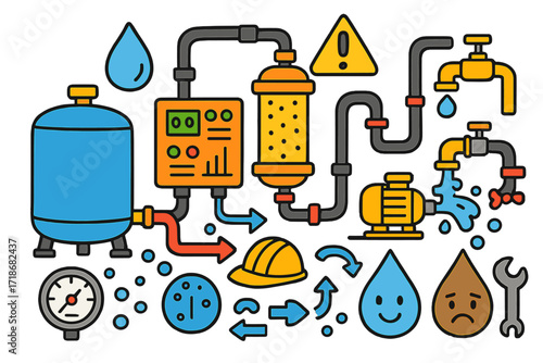 Colorful Industrial Doodle. Colorful Hand-drawn doodle Children illustration Industrial water treatment unit water tank, control panel, pipes, water droplet,