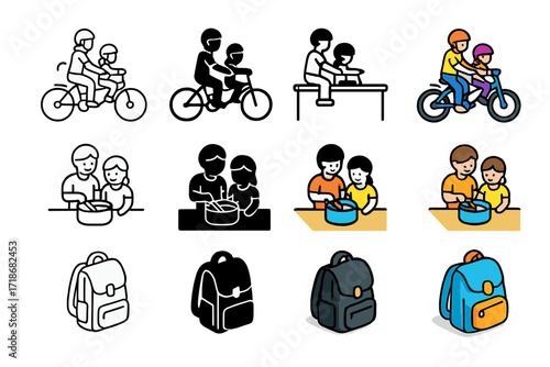 Growing Siblings Icons. Icon Set of Growing up siblings: sibling bike ride, cooking together, school backpacks. Icons set in vector style, emblematic