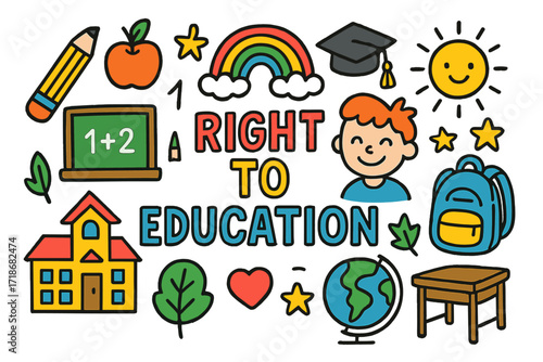 Children's Education Icons. Colorful Hand-drawn doodle Children illustration Right to education book, chalkboard, pencil, apple, smiling child,