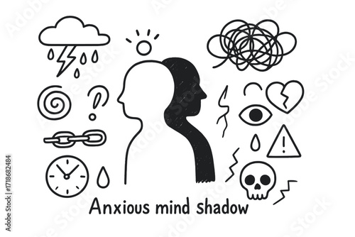 Anxious Mind Icons. Hand-drawn doodle illustration Anxious mind shadow [person outline, shadow, spiral, storm cloud, rain, lightning, tangled lines, broken