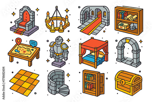 Colorful Castle Icons. Colorful isometric vector icons set of Castle interiors: stone throne room, candle chandelier, red carpet hallway, library with scrolls,