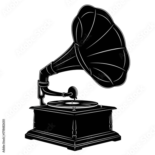 Vintage gramophone silhouette featuring a large horn and wooden base playing a record isolated on white background