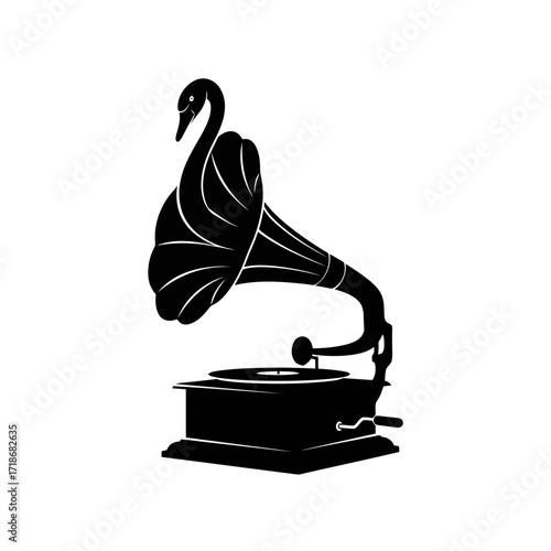 Vintage gramophone with a swan shaped horn and a record player turntable isolated on white background silhouette