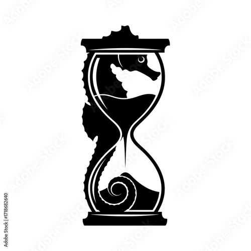 Creative hourglass silhouette with a seahorse inside representing the passage of time and ocean life isolated on white background