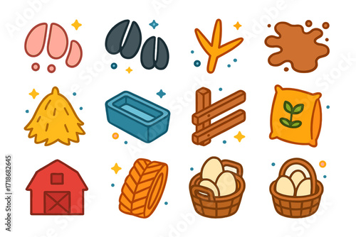 Isometric Farm Icons. Colorful isometric vector icons set of Farm Animal Tracks: pig hoofprint, cow hoofprint, chicken scratch, sheep track, mud patch,