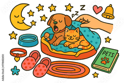 Cozy Pet Bedtime. Colorful Hand-drawn doodle Children illustration Tucking in furry friends blanket, soft toy, dog bed, yawning puppy, purring kitten, water