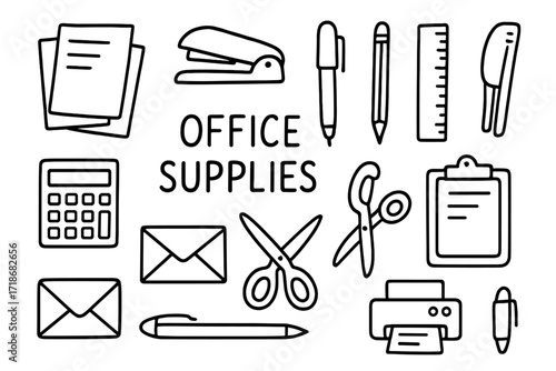 Office Essentials Doodle. Office Supplies. Hand-drawn doodle illustration catalog, paper stack, stapler, pen, pencil, ruler, calculator, clipboard, envelope,