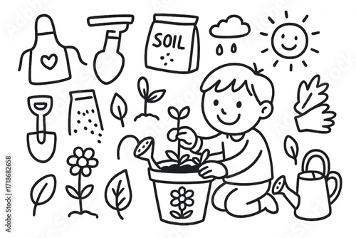 Kids Gardening Doodle. Hand-drawn doodle illustration kids planting after painting flower pot, shovel, trowel, soil bag, seeds, watering can, sprouting plant,