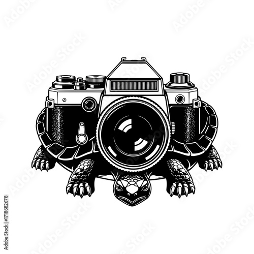 Creative concept of a vintage camera body forming the shell of a turtle with its head and legs emerging presented as a silhouette isolated on white background