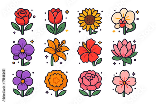 Isometric Flower Icons. Flowers. Colorful isometric vector icons set of flowers: rose, tulip, sunflower, daisy, orchid, lily, hibiscus, lotus,