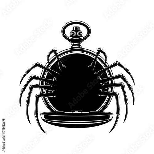Intricate black silhouette of a spider with its legs wrapped around a vintage pocket watch isolated on white background