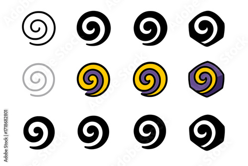 Zumba Motion Logos. Set Logo of Zumba Motion: Spiral twist icon. Logo set in vector style, emblematic variations. line, bold thick line, solid black filled,