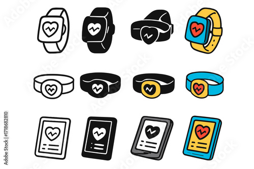 Fitness Tech Icons. Icon Set of Fitness technology: smartwatch, heart rate monitor, tablet with app. Icons set in vector style, emblematic