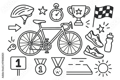 Cycling Race Doodle. Hand-drawn doodle illustration Bicycle race racing bicycle, helmet, stopwatch, trophy, star, spark, flag, arrow, sneakers, water bottle,