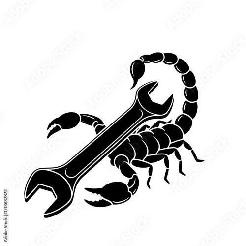 A striking black silhouette of a scorpion intertwined with a wrench symbolizing mechanical strength and precision isolated on white background