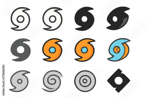Eye of the Storm. Set Logo of Severe Hurricanes: Eye of the storm symbol. Logo set in vector style, emblematic variations. line, bold thick line, solid black