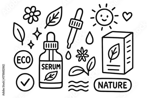 Natural Serum Doodle. Hand-drawn doodle illustration Natural face serum glass dropper, label, leaf, flower, box, eco symbol, droplet, sparkle, heart, sun,