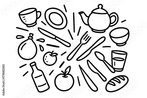 Object Collision Doodles. Hand-drawn doodle illustration objects colliding in mid-air Cup, Plate, Bowl, Fork, Knife, Spoon, Teapot, Mug, Bottle, Glass, Water