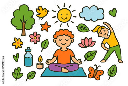 Children's Yoga Doodle. Outdoor yoga. Colorful Hand-drawn doodle Children illustration tree, sun, yoga mat, lotus pose, bird, cloud, star, flower, leaf, water