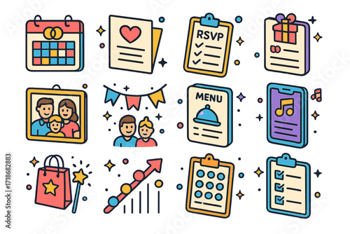Family Celebration Icons. Colorful isometric vector icons set of Family Celebration Planning: event calendar, invitation card, RSVP list, gift registry, family