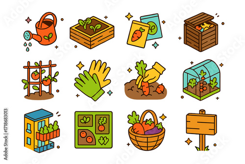 Colorful Garden Icon Set. Colorful isometric vector icons set of growing your own vegetables: watering can with sprout, backyard raised bed, vegetable seed