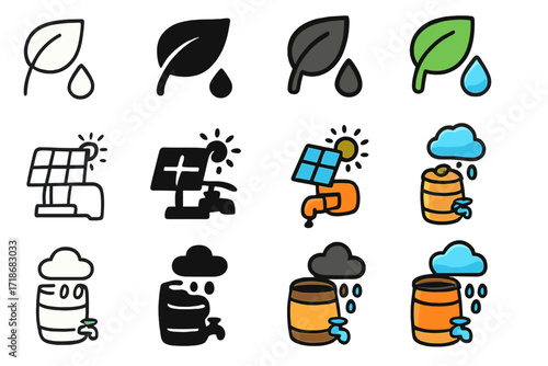 Sustainable Irrigation Icons. Icon Set of Drip Irrigation Sustainability: Eco leaf, Solar pump, Rainwater barrel. Icons set in vector style, emblematic