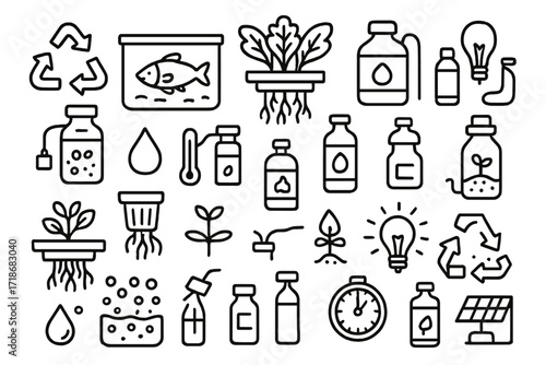 Hydroponic and Aquaponic Icons. Hand-drawn doodle illustration hydroponic gardening water tank, nutrient bottle, grow light, leafy plant, seedling tray, air