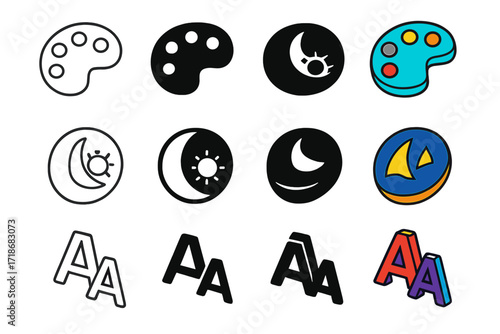 UI Color Tool Icons. Icon Set of UI Color Tools: Palette icon, Theme switcher, Contrast checker. Icons set in vector style, emblematic variations. Palette icon