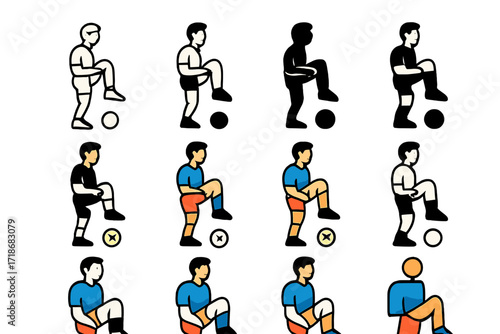 Athlete Logo Variations. Set Logo of Athletes Warming Up: Soccer player knee lifts. Logo set in vector style, emblematic variations. line, bold thick line,