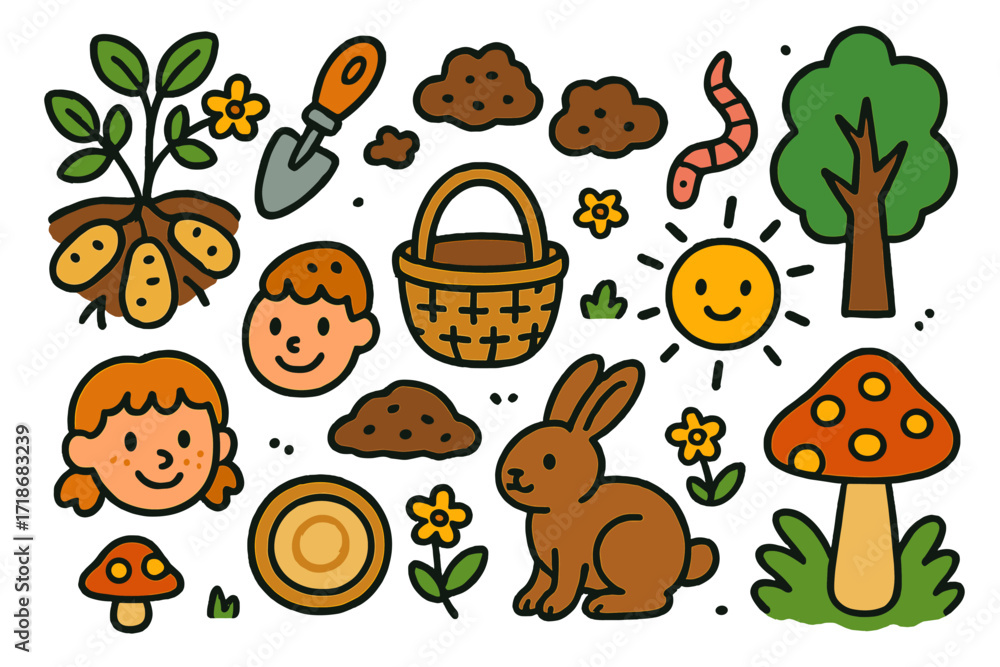 Naklejka premium Playful Forest Harvest. Colorful Hand-drawn doodle Children illustration Earthnut tuber, leaves, small flowers, digging trowel, soil clumps, worm, smiling