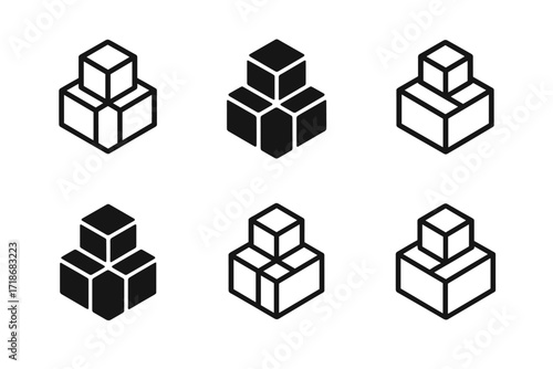 E-commerce Logo Variations. E-commerce packaging station. Set Logo of e-commerce packaging station: stack of boxes. harmonious logo variations of the same