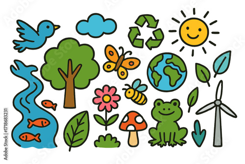 Ecosystem Doodle Icons. Colorful Hand-drawn doodle Children illustration Ecosystem sustainability tree, river, sun, fish, bird, butterfly, leaf, flower,