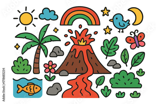 Volcano Doodle Paradise. Colorful Hand-drawn doodle Children illustration volcano landscape volcano mountain, lava river, palm tree, rocks, sun, moon, cloud,