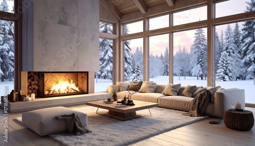 Cozy winter cabin living room with fireplace and snowy forest view
