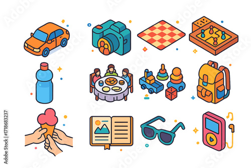 Family Time Icons. Family time. Colorful isometric vector icons set of family time: family car, group photo camera, picnic blanket, board game, water bottle,