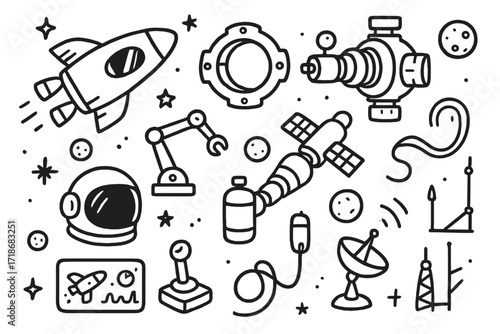 Futuristic Space Docking. Hand-drawn doodle illustration futuristic spacecraft docking spacecraft, space station, docking ring, robotic arm, thrusters, fuel