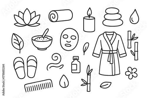 Spa Doodles Collection. Hand-drawn doodle illustration Spa Wellness lotus flower, towel roll, candle, massage stone, water droplet, leaf, herbal bowl, face