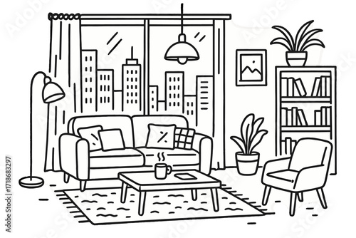 Modern Apartment Doodle. Hand-drawn doodle illustration [modern urban apartment interior with large windows] [sofa, coffee table, rug, floor lamp, bookshelf,
