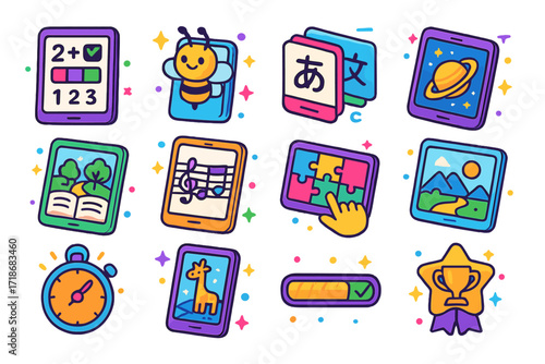 Educational App Icons. Colorful isometric vector icons set of educational mobile apps: tablet with math quiz, spelling bee app, language flashcards, astronomy