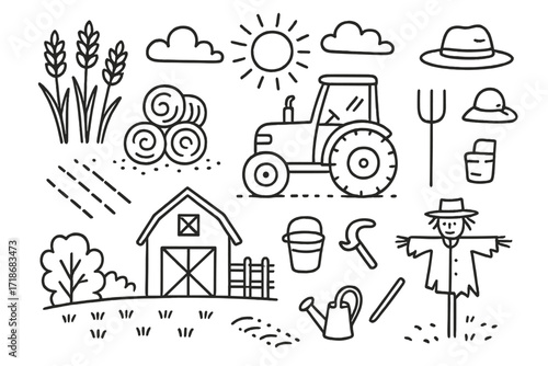 Autumn Farm Icons. Hand-drawn doodle illustration Tractor and crops in autumn, tractor, plow, wheat stalks, hay bales, barn, farmer hat, pitchfork, wheel
