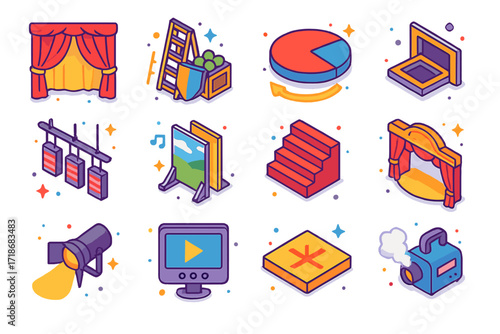 Theatre Stage Icons. Colorful isometric vector icons set of Theatre stage elements: velvet curtains, backstage props, rotating stage platform, trapdoor, fly