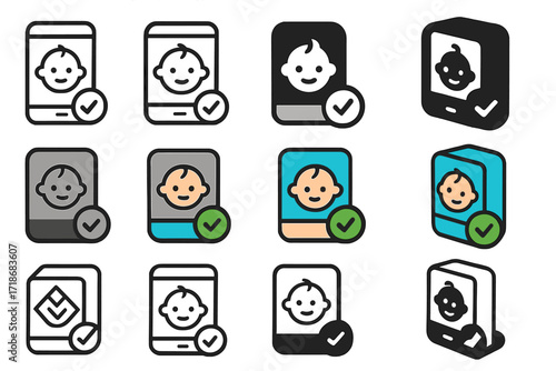 Baby Monitor Logo Set. Set Logo of Checking a Baby Monitor: Smartphone with Baby Feed. Logo set in vector style, emblematic variations. line, bold thick line,