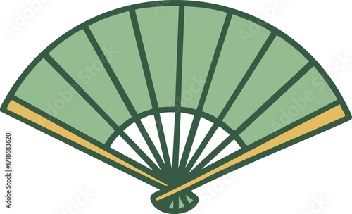Folding hand fan with green ribs and gold trim