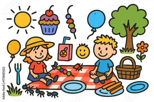 Children's Picnic Scene. Colorful Hand-drawn doodle Children illustration Picnic party cupcake, balloon, plate, fork, juice box, ants, smiling faces, blanket,