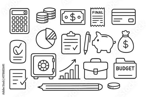 Financial Doodle Icons. Hand-drawn doodle illustration final financial closure calculator, coins, dollar bill, receipt, credit card, pie chart, clipboard, pen,