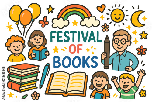 Children's Book Festival. Colorful Hand-drawn doodle Children illustration Festival of Books book stack, open book, pen, author, balloons, rainbow, star,